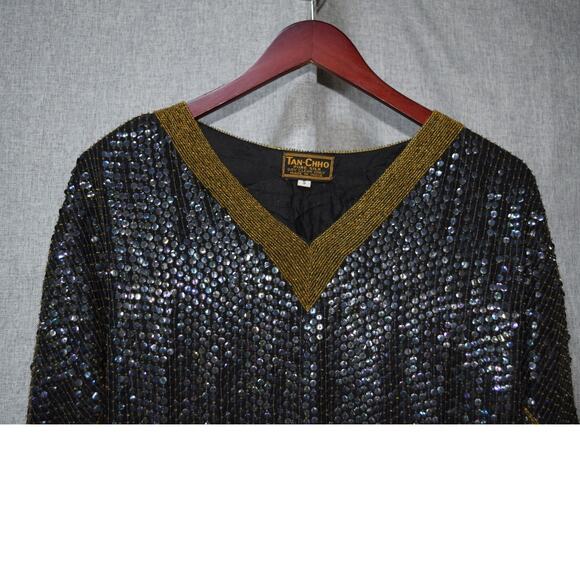 Tan-Chho Black & Gold Sequin Beaded Silk Top Size S - Picture 2 of 4